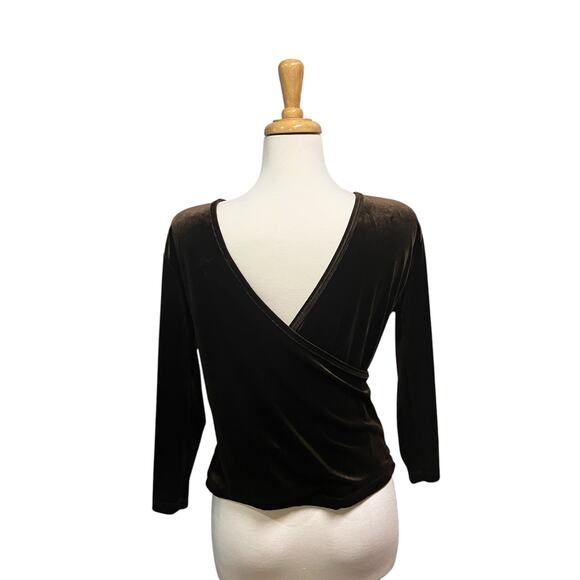 VTG Y2K Soft Surroundings Velvet Top Sz L Brown Deep V Faux Wrap 3/4 Sleeve - Picture 4 of 7
